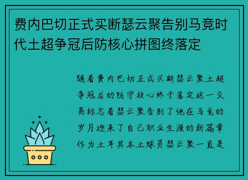 费内巴切正式买断瑟云聚告别马竞时代土超争冠后防核心拼图终落定