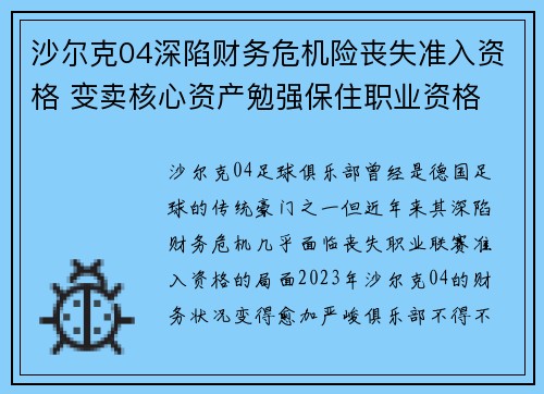 沙尔克04深陷财务危机险丧失准入资格 变卖核心资产勉强保住职业资格